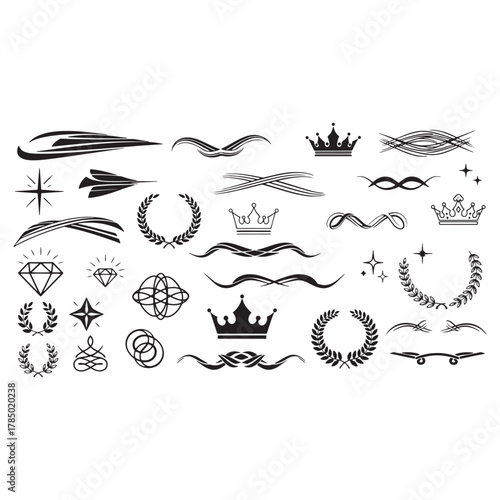 Black Embellishments Featuring Crowns, Diamonds, and Laurel Wreaths