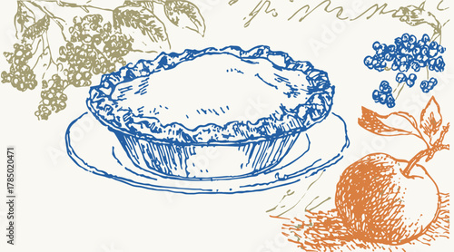 Vintage bakery illustration of a rustic pie in hand drawn engraving style