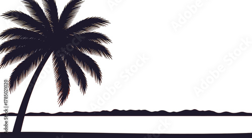 Tropical sunset with palm tree silhouette, featuring a vibrant orange sky and calm water reflecting the setting sun, creating a serene atmosphere