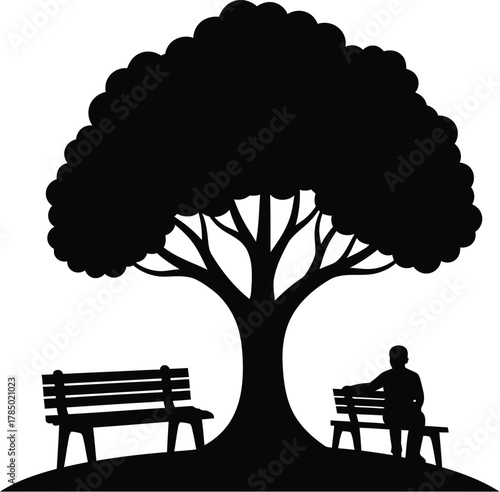 Silhouette of a person sitting a bench under a tree, with another empty bench nearby