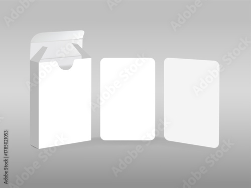 Open box of playing cards. 3d mockup of blank playing cards for poker and board games. Playing cards box mock up on white background with perspective view vector illustration 