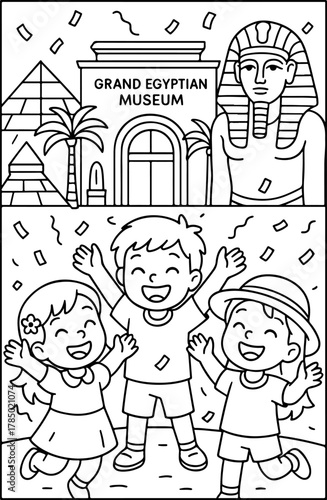 hand drawn vector illustration of Grand Egyptian Museum coloring page for kids