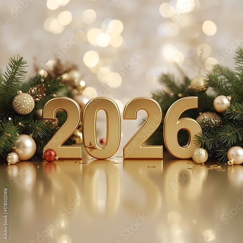 Golden 2026 new year celebration with ornaments and bokeh