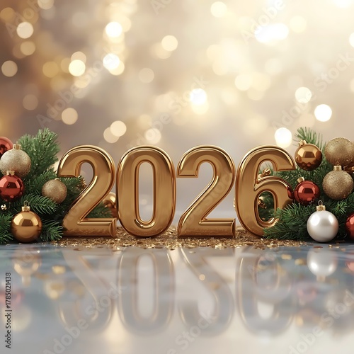 Golden 2026 new year celebration with ornaments and bokeh