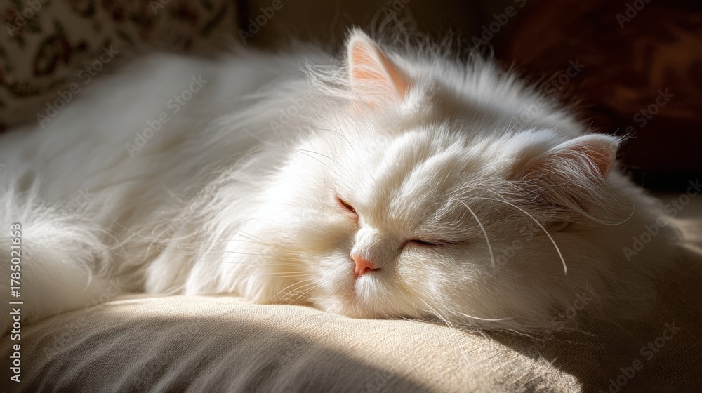 Obraz premium Fluffy White Cat Sleeping Peacefully on Soft Couch Bathed in Warm Sunlight Showcasing Its Beautiful Fur and Serene Expression in a Cozy Indoor Setting