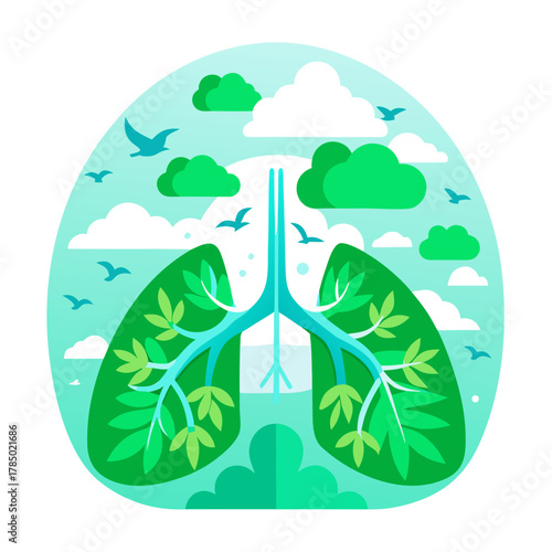 Healthy lungs with green leaves and birds flying in the sky isolated on transparent background
