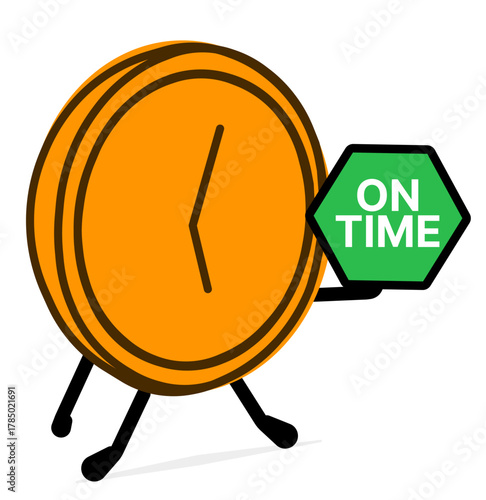 Cartoon clock character holding sign On Time. Cute vector mascot for punctuality, time management, and productivity concept