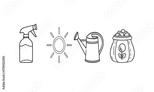  Illustration of gardening essentials showcasing a spray bottle, sun, watering can and seed bag.