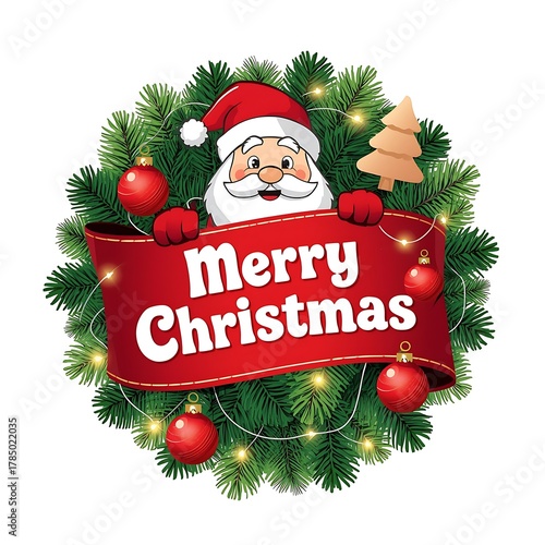 Merry christmas wreath with santa claus isolated on white background