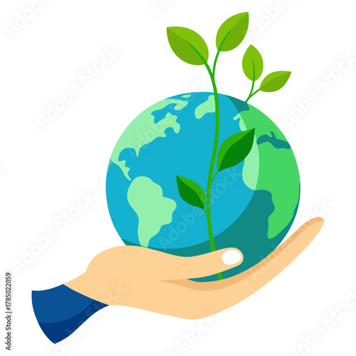 Hand holding planet earth with a growing plant isolated on transparent background