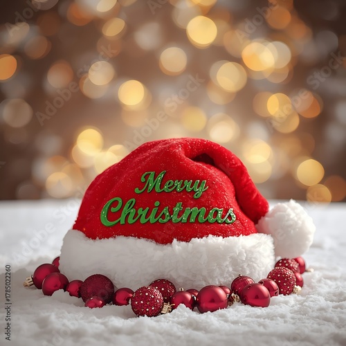 Santa hat with merry christmas text on a snowy surface