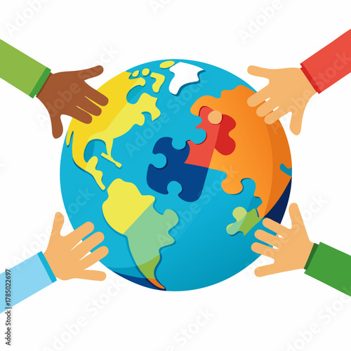 Diverse hands assembling a puzzle globe isolated on transparent background