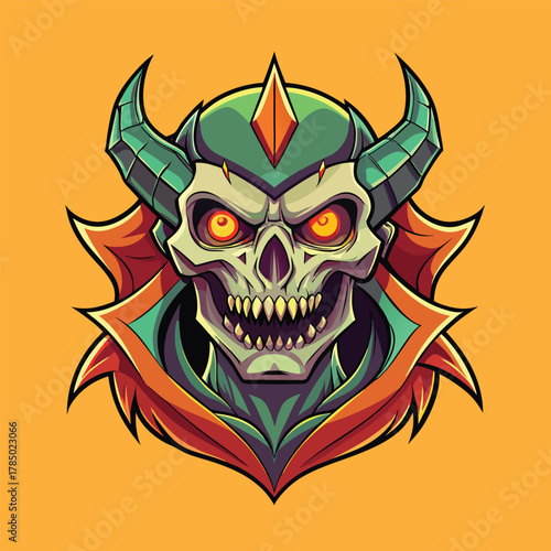 Scary demonic skull with horns and glowing eyes on an orange background