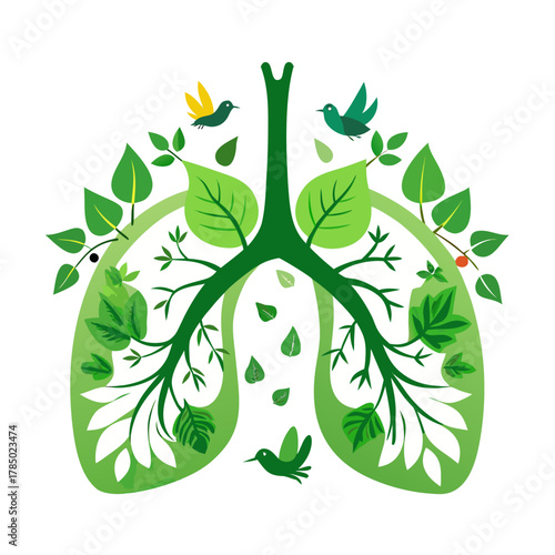 Green lungs with leaves and birds isolated on transparent background