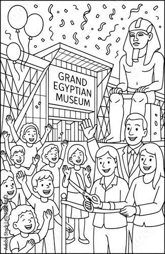hand drawn vector illustration of Grand Egyptian Museum coloring page for kids