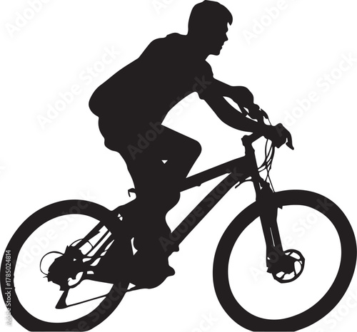 Black vector silhouette of a man riding a mountain bike against the sky, showing an extreme cycling adventure sport activity