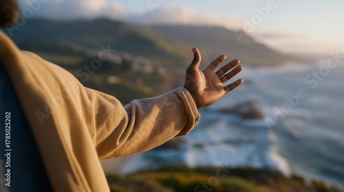 Golden-hour light illuminating arm stretched toward horizon — representing wanderlust, liberation, and mindful travel experiences. cinematic color correction, natural uneven lighting yet gentle