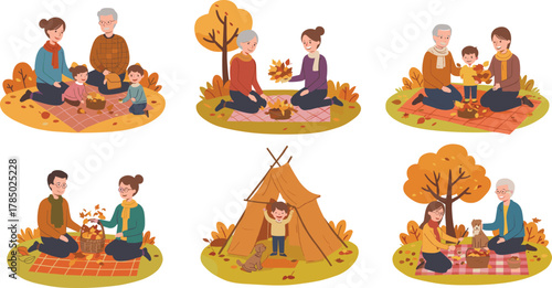 Happy family spending autumn day outdoors, grandparents and parents with children playing and collecting leaves in park with dog