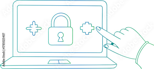 Hand touching laptop screen with lock icon and plus signs vector illustration