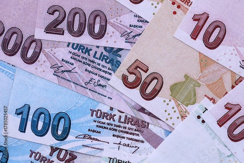 Fototapeta Naklejka Na Ścianę i Meble -  Turkish Liras currency money bills. TRY currency banknotes in stack with different denomination close up
