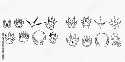 A comprehensive vector collection of various animal paw prints and tracks in black outline style.