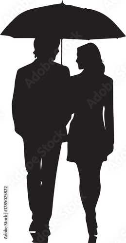 Silhouette illustration of a couple and a man standing with an umbrella, including a vector outline of a boy, woman, and other people