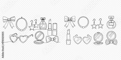 Continuous line art drawing of various fashion and beauty accessories including bows, necklace, star earrings, perfume, lipstick, heart sunglasses, and compact mirror.