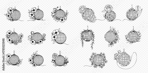 Set of elegant line art illustrations featuring disco balls adorned with various floral and botanical elements, perfect for decorative designs.