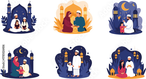 Muslim family praying together, Ramadan celebration, Islamic worship illustration, parents and children making dua at night under crescent moon lanterns