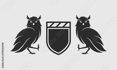Heraldic crest template logo with standing Owls. Template for Coat of Arms, Crest, Luxury logo. Vector illustration