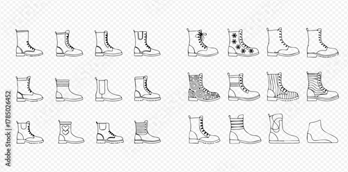 A collection of various outline boot icons, showcasing different styles of footwear including combat, fashion, and work boots, presented as line art on a transparent background.