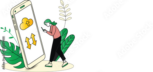 Woman using smartphone with cloud upload and data transfer icons and plants mobile phone