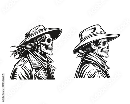 A black and white illustration of two cowboy skeletons in profile, wearing hats and scarves, with detailed linework