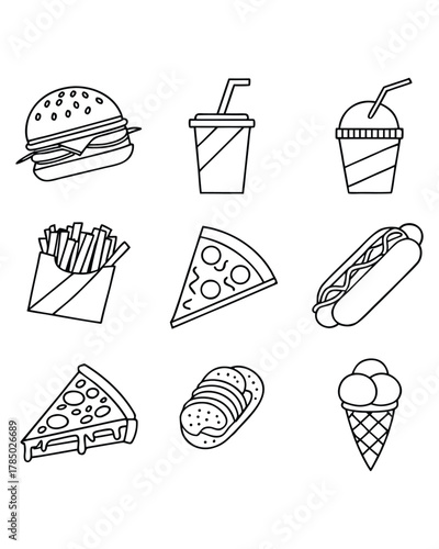 A collection of simple black and white line drawings depicting various popular fast food items and beverages