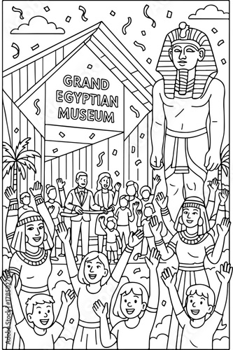 hand drawn vector illustration of Grand Egyptian Museum coloring page for kids