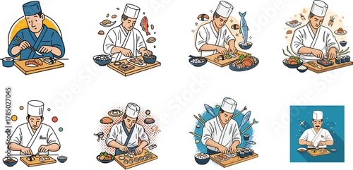 Professional sushi chef preparing traditional Japanese sushi, seafood and sashimi, culinary art illustration, Asian restaurant cuisine concept