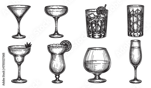 Eight intricately detailed black and white ink drawings of various cocktail glasses, each finely etched to showcase unique shapes and textures.