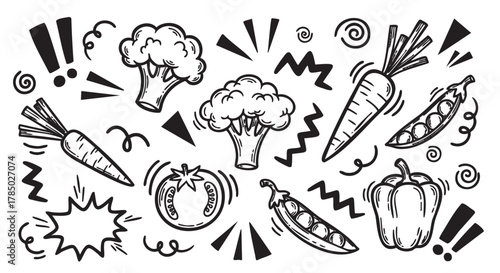 Black and white hand-drawn doodles of various vegetables including broccoli, carrots, peas, a tomato, and a bell pepper, surrounded by abstract lines and shapes.
