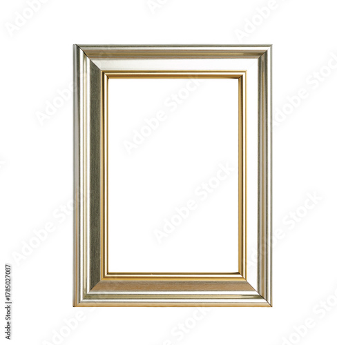 Elegant vintage gold color photo frame isolated on a transparent background. Blank vertical mockup template perfect for pictures, art, or certificates. Classic border for gallery or home decor.
