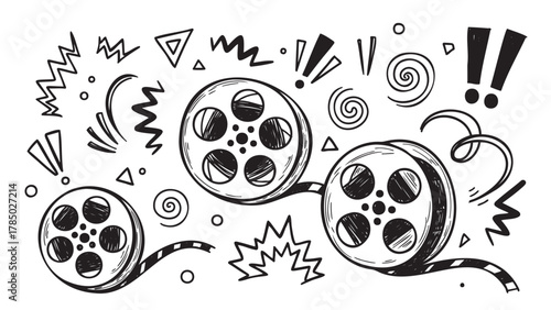 Hand-drawn black and white illustration of three film reels surrounded by abstract geometric and expressive shapes, symbolizing creativity and cinema.