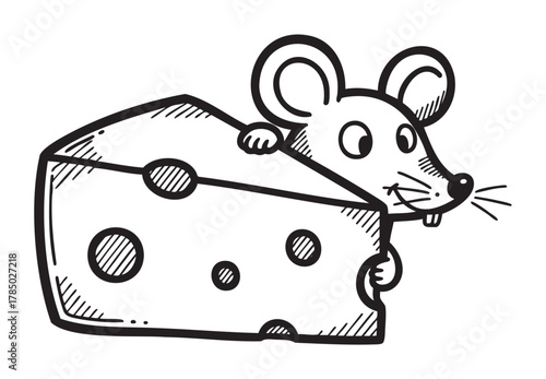 Black outline vector icon of a cartoon mouse peeking over a large, holey cheese wedge, representing food and animal concepts.