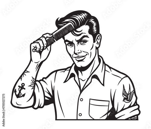 Male figure with a retro hairstyle combing hair, wearing a collared shirt with anchor and wing tattoos, depicted in a black and white line art style.