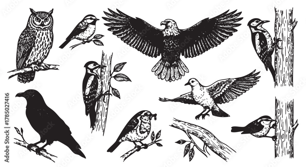 Naklejka premium Black and white vector illustration of various bird species including an owl, woodpeckers, eagle, dove, raven, and sparrows perched and in flight.