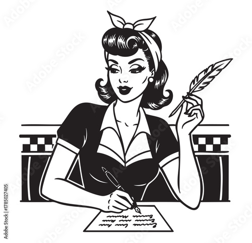 Retro-style black and white illustration of a young caucasian female with vintage hairstyle and attire, writing with a quill pen.