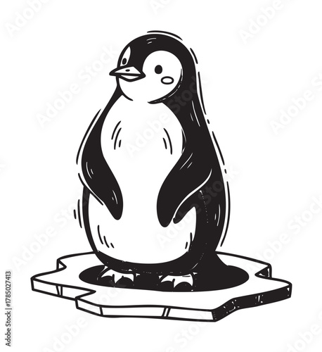 Black outline drawing of a cartoon penguin standing on an ice floe, showcasing its characteristic markings and cheerful expression.