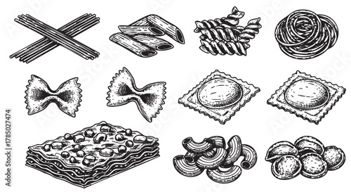 Hand-drawn black and white illustrations of various pasta types including spaghetti, penne, fusilli, tagliatelle, bow tie, ravioli, lasagna, macaroni, and gnocchi.