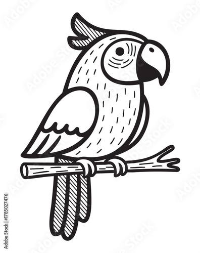Black outline drawing of a parrot perched on a branch. minimalist linear illustration emphasizing the bird's distinct beak and feather patterns.