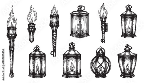 Black and white illustration of various vintage lanterns and torches, showcasing intricate details and diverse designs for lighting concepts.