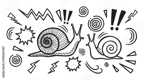 Black and white sketch of two stylized snails amid abstract, energetic doodles with exclamation marks and swirls, conveying motion and excitement.