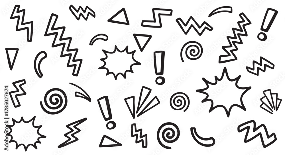 A collection of black outline abstract shapes including zigzags, triangles, spirals, and exclamation marks on a white background.